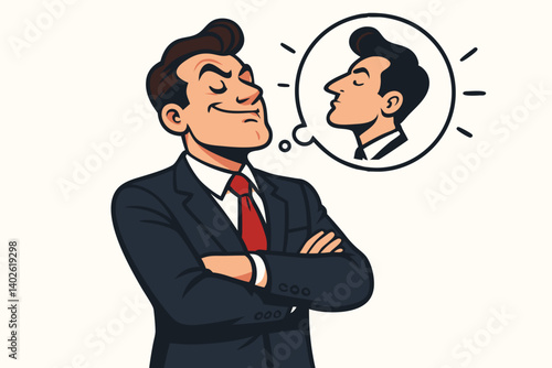 Confident Businessman with Self-Image Thought Bubble Vector Illustration for Corporate Ego Concept, Narcissistic Professional Character in Formal Suit with Arms Crossed, Business Psychology Cartoon