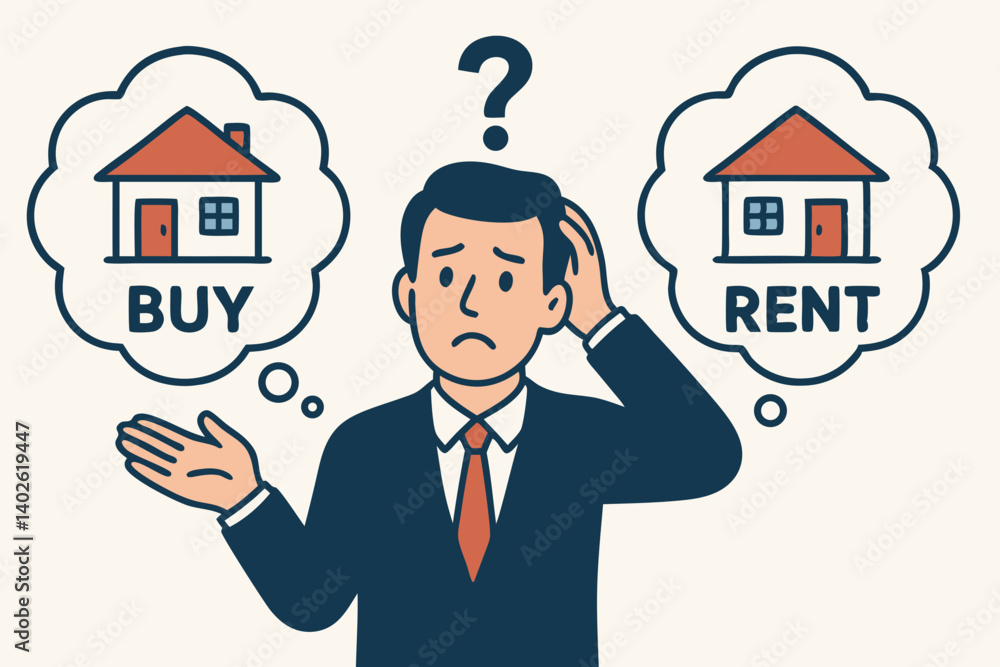 Real Estate Decision Making Concept Vector Illustration with Confused Businessman Choosing Between Buying or Renting Property, Housing Market Dilemma, Flat Design for Financial Planning Real Estate Decision Making Concept Vector Illustration with Confused Businessman Choosing Between Buying or Renting Property, Housing Market Dilemma, Flat Design for Financial Planning