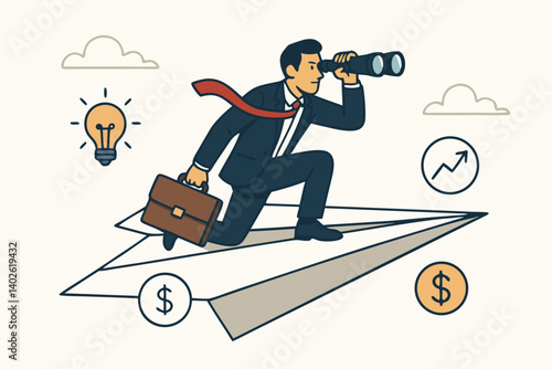 Business Leader Exploring Opportunities on Paper Airplane with Binoculars, Briefcase, and Financial Growth Symbols in Creative Illustration