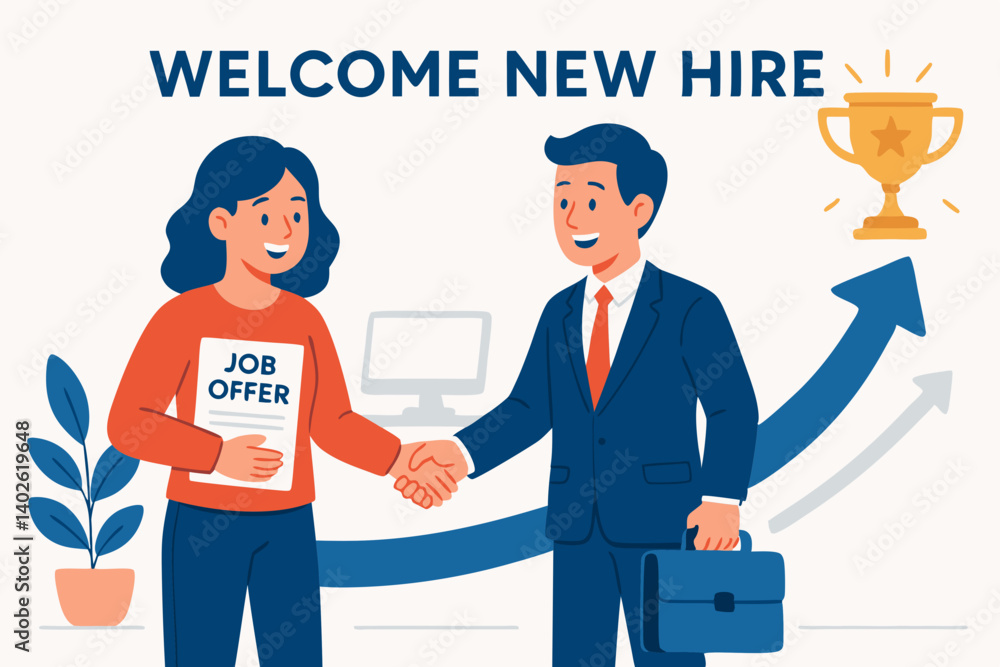 Welcome New Hire Vector Illustration with Business People Shaking Hands, Job Offer Document, Growth Chart and Trophy Symbol, Corporate Onboarding Concept for Recruitment and Human Resources Welcome New Hire Vector Illustration with Business People Shaking Hands, Job Offer Document, Growth Chart and Trophy Symbol, Corporate Onboarding Concept for Recruitment and Human Resources