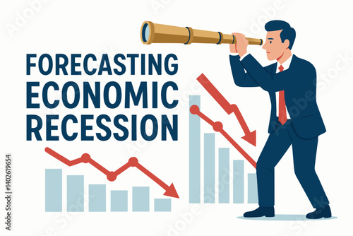 Business Analyst Using Telescope to Predict Economic Downturn with Declining Graph Chart Visualization, Financial Crisis Forecast Concept for Market Analysis and Investment Strategy Planning