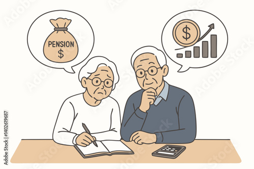 Elderly Couple Planning Retirement Income Strategy with Pension Fund and Investment Growth Chart, Senior Financial Security Planning Illustration for Wealth Management and Future Savings