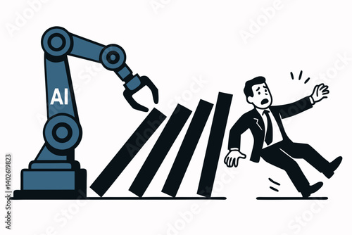 Artificial Intelligence Automation Impact on Business Concept Vector Illustration with Robotic Arm Toppling Domino Effect and Businessman in Panic, Modern Technology Disruption in Corporate World