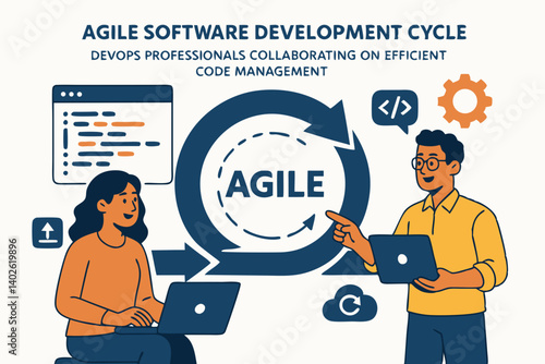 Agile Software Development Cycle: DevOps Professionals Collaborating on Efficient Code Management, Vector Illustration for Tech Industry Infographics