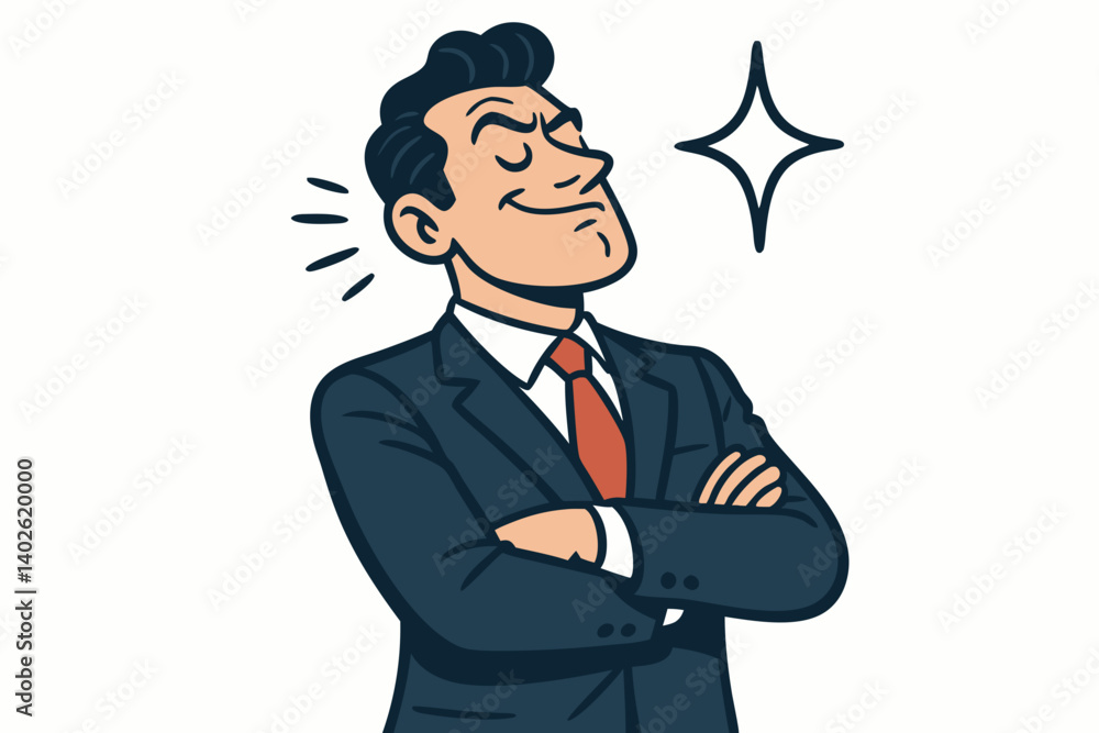 Confident Businessman Vector Illustration: Arrogant Executive in Navy Suit with Crossed Arms and Smug Expression, Cartoon Character for Corporate Success Concepts Confident Businessman Vector Illustration: Arrogant Executive in Navy Suit with Crossed Arms and Smug Expression, Cartoon Character for Corporate Success Concepts