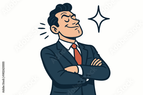Confident Businessman Vector Illustration: Arrogant Executive in Navy Suit with Crossed Arms and Smug Expression, Cartoon Character for Corporate Success Concepts