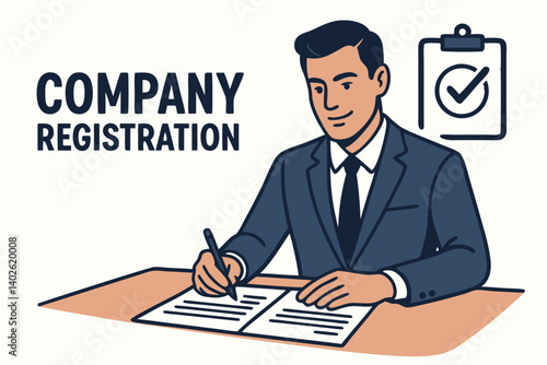 Professional Businessman in Blue Suit Completing Company Registration Paperwork with Checklist Clipboard, Vector Illustration for Business Formation, Legal Documentation, and Corporate Setup