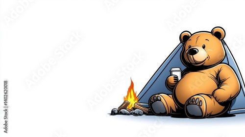 A cheerful cartoon brown bear enjoys a hot drink by a campfire beside a small blue tent on a camping trip outdoors.