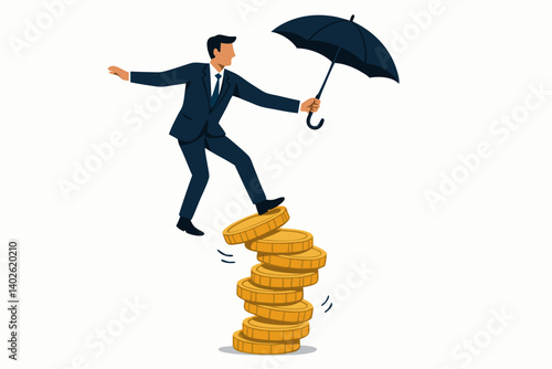 Businessman Balancing on Gold Coins with Umbrella: Financial Risk Management, Economic Stability, and Business Resilience Vector Illustration