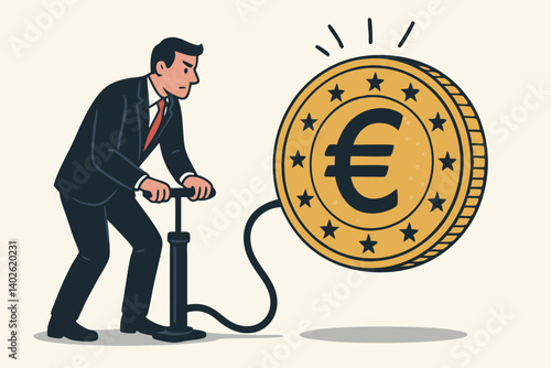 Businessman Inflating Euro Currency Coin with Pump Vector Illustration, Financial Growth Concept, European Economy Investment Metaphor, Money Value Increase Symbol, Banking Inflation Visualization