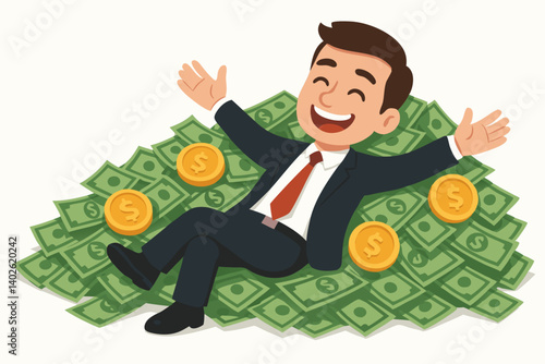 Successful Businessman Relaxing on Money Pile with Gold Coins, Financial Success Vector Illustration, Wealth Achievement Concept, Joyful Entrepreneur Celebrating Profit, Business Prosperity Symbol