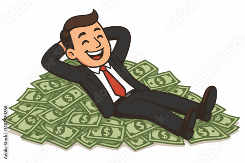 Successful Businessman Relaxing on Pile of Money Vector Illustration, Financial Success Symbol, Wealth Achievement Cartoon Character, Business Prosperity Concept for Financial Freedom Design