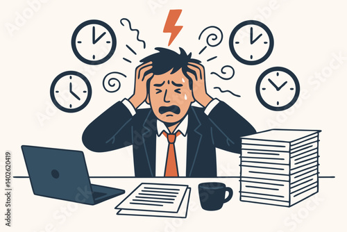 Stressed Businessman Experiencing Burnout with Deadline Pressure, Office Worker Overwhelmed by Workload, Professional Suffering from Time Management Crisis, Corporate Anxiety Vector Illustration