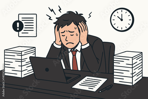 Stressed Businessman with Headache at Office Desk Vector Illustration - Overwhelmed Employee Surrounded by Paperwork, Deadline Pressure, and Work Burnout Concept for Mental Health Awareness