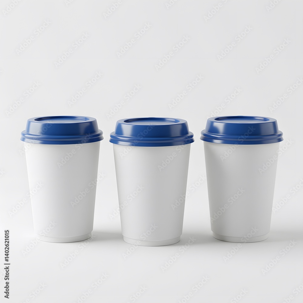 Trio of white coffee cups with blue lids Trio of white coffee cups with blue lids