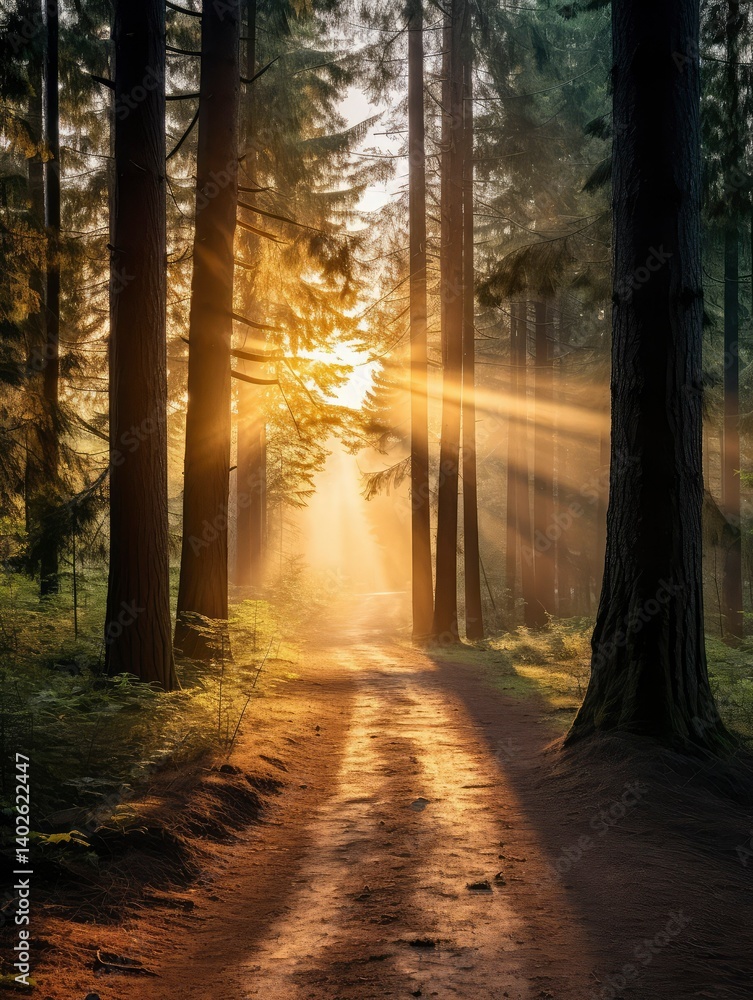 Fototapeta premium Sunbeams Illuminating a Forest Path at Sunrise