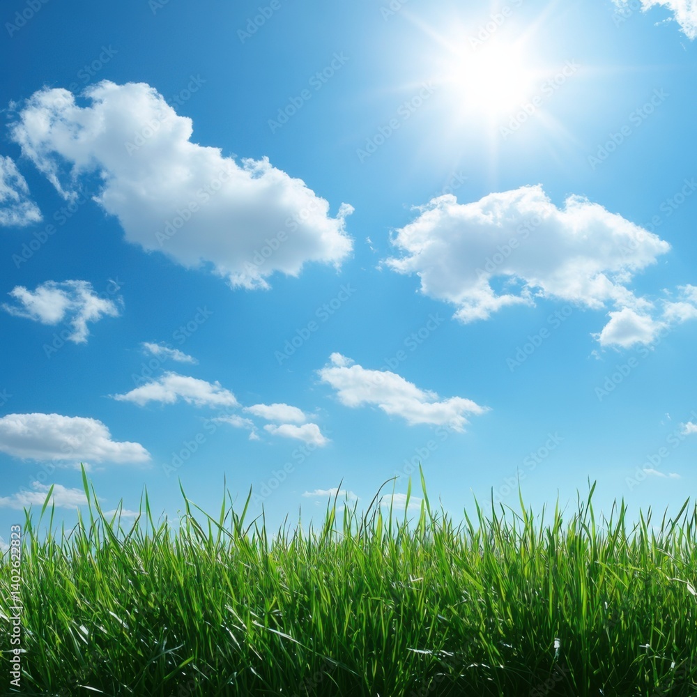 Obraz premium Bright blue sky with fluffy clouds and lush green grass under warm sunlight during a sunny afternoon