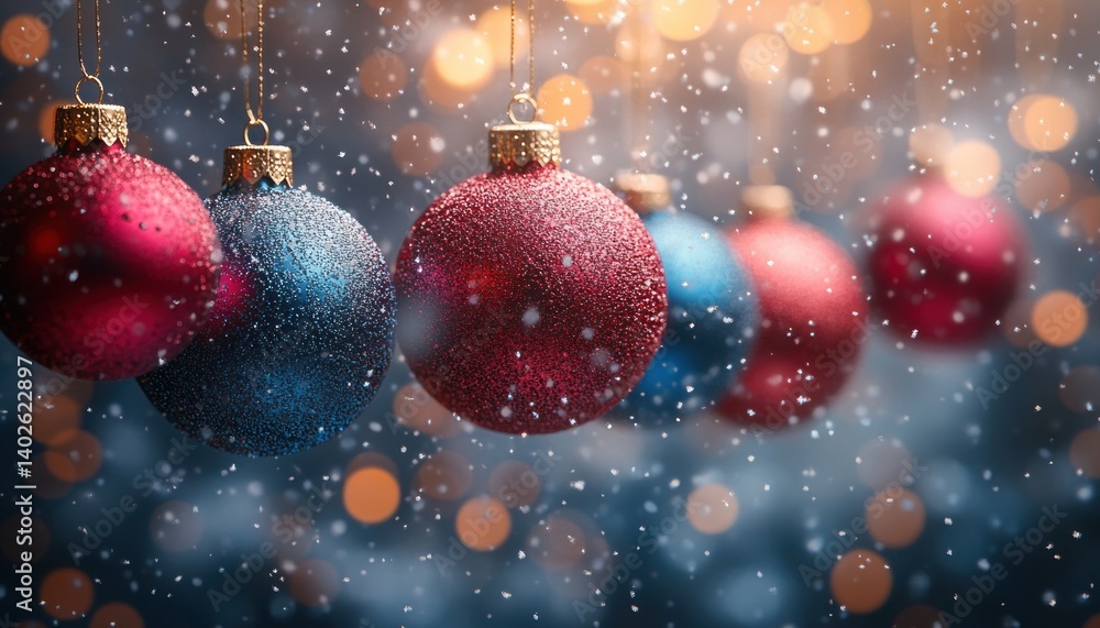 Fototapeta premium Vibrant Christmas Scene with Colorful Ornaments and Bokeh Lights for Holiday Sale Banner