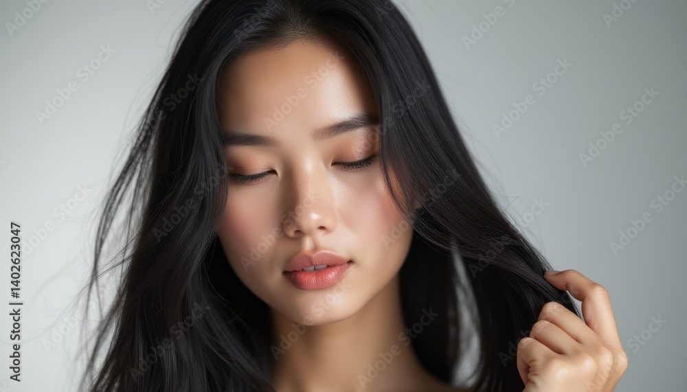 A captivating portrait of a young Asian woman with long, flowing black hair, gently touching her strands. Her closed eyes and soft expression evoke a sense of tranquility and introspection A captivating portrait of a young Asian woman with long, flowing black hair, gently touching her strands. Her closed eyes and soft expression evoke a sense of tranquility and introspection