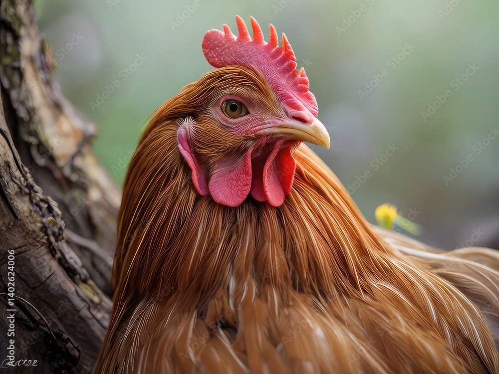 Beautiful Rooster in Lush Forest,
Striking Brown and White Rooster in Nature, Elegant Farm Rooster in Green Woodland, Majestic Rooster Posing in Mossy Forest
