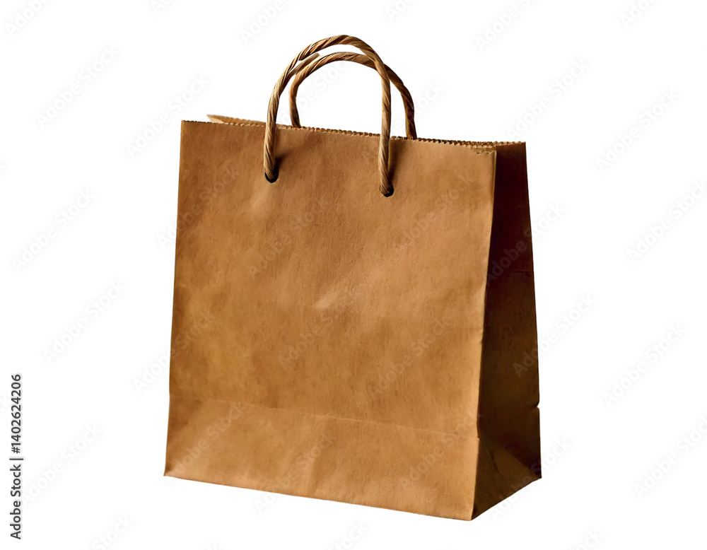 A simple, elegant kraft paper shopping bag with natural rope handles stands against a clean white backdrop. Its minimalist design conveys ecofriendliness and rustic charm. A simple, elegant kraft paper shopping bag with natural rope handles stands against a clean white backdrop. Its minimalist design conveys ecofriendliness and rustic charm.