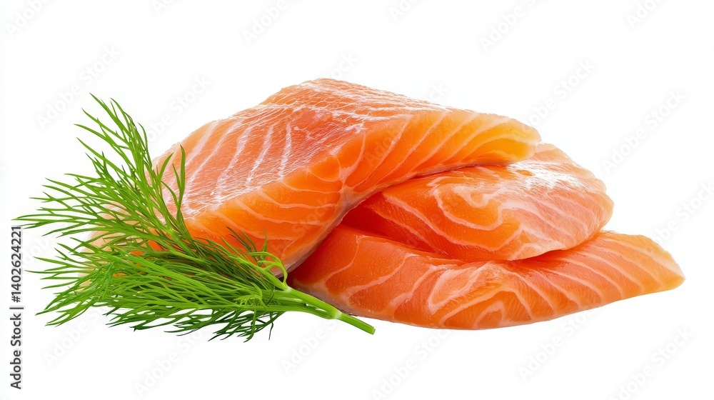 Fresh salmon fillet with dill on white background, a culinary delight Fresh salmon fillet with dill on white background, a culinary delight