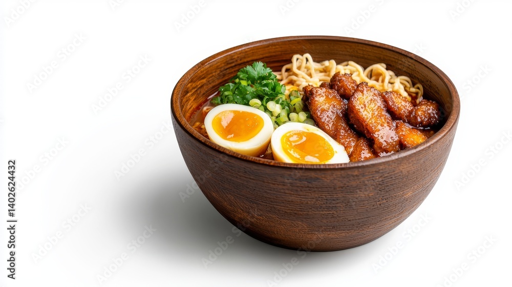 A delicious and nutritious meal, steaming bowl of noodles with perfectly cooked egg A delicious and nutritious meal, steaming bowl of noodles with perfectly cooked egg