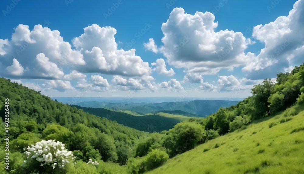 Fototapeta premium Summer Mountain Landscape with Lush Green Hills and Fluffy Clouds