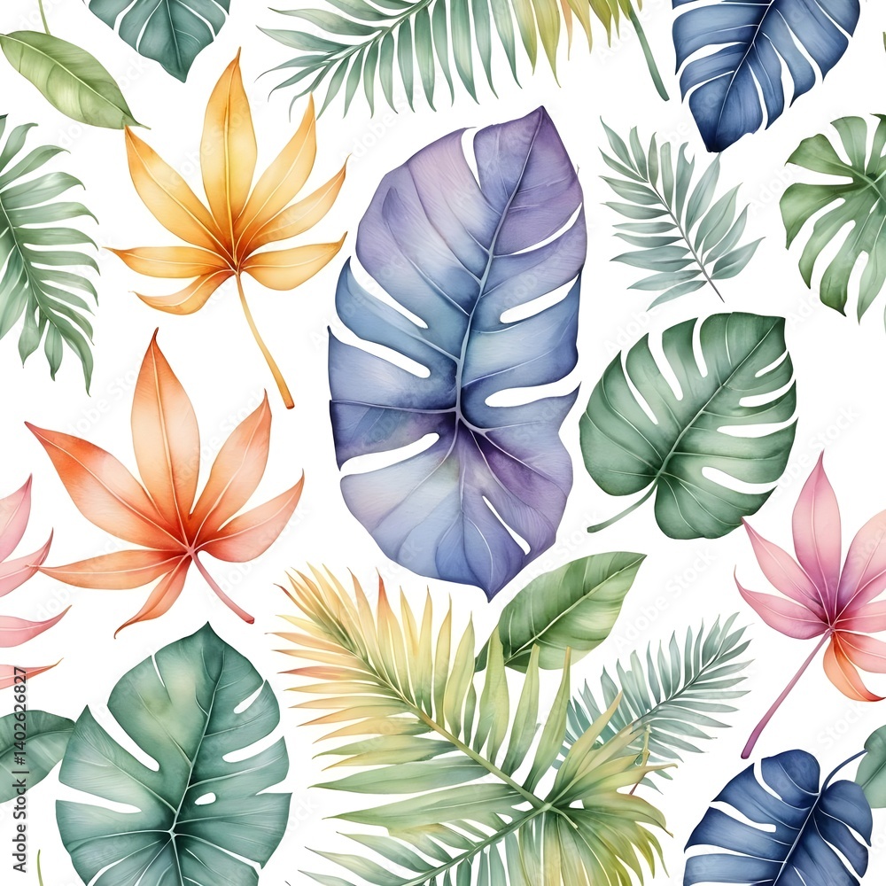 Fototapeta premium Watercolor Tropical Leaves Seamless Pattern