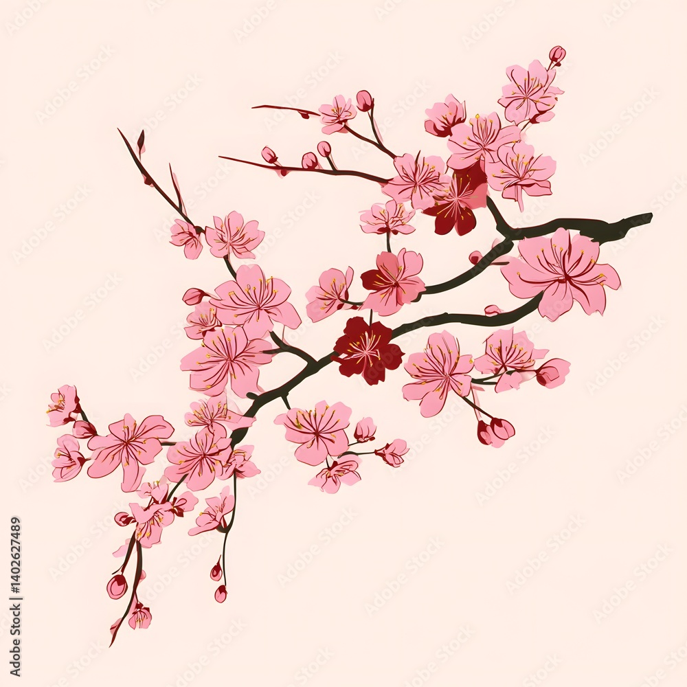 Naklejka premium Blooming Cherry Blossom Branch Showcasing Delicate Pink Flowers