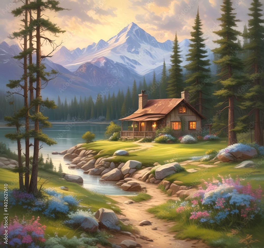 Fototapeta premium Illustration of spring season landscape with cottage and mountain.