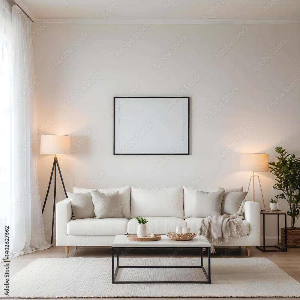 Naklejka premium Modern Minimalist Living Room Interior with White Sofa and Blank Frame