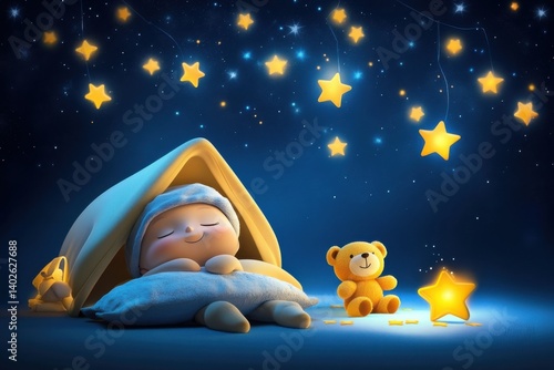 Baby cartoon character sleeping with teddy bear, stars and night sky background