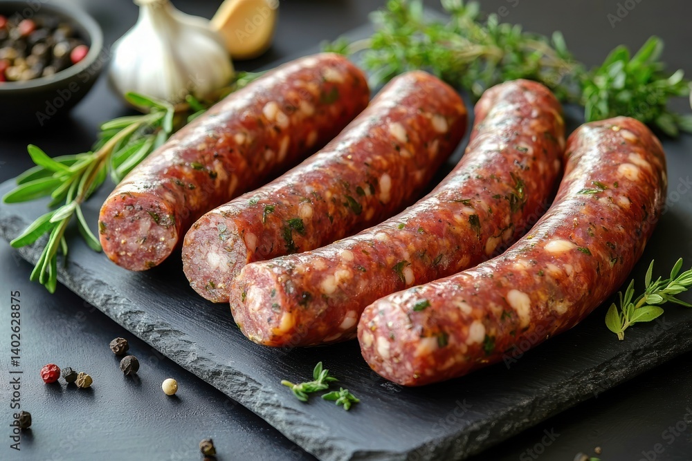 Close-up Raw Sausages on Slate Board with Fresh Herbs and Garlic Close-up Raw Sausages on Slate Board with Fresh Herbs and Garlic