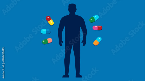 Supplements in Hand A silhouette of a biohacker standing confidently with a handful of colorful capsules and tablets representing various longevity supplements.