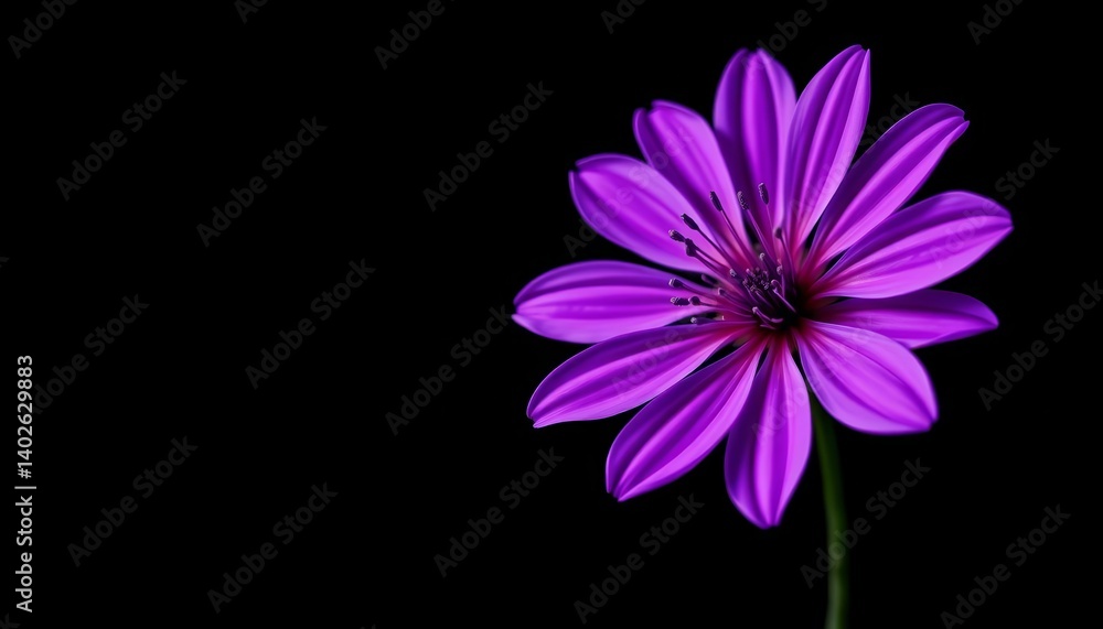 A vibrant purple flower, sharply in focus, against a deep black backdrop Plenty of negative space, colorful, mysterious A vibrant purple flower, sharply in focus, against a deep black backdrop Plenty of negative space, colorful, mysterious