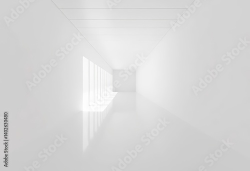 Clean, minimalist white corridor extending into the distance,  perspective view, copy space