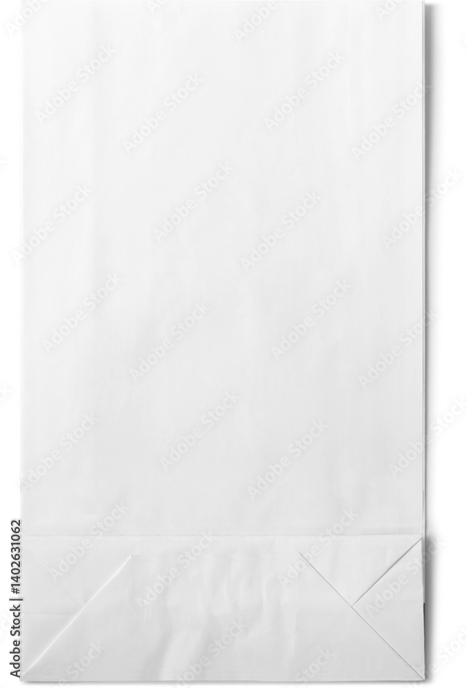 A plain white paper bag with a folded bottom. A plain white paper bag with a folded bottom.