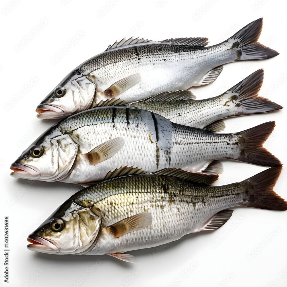 Three Fresh Sea Bass Fish on White Background Three Fresh Sea Bass Fish on White Background