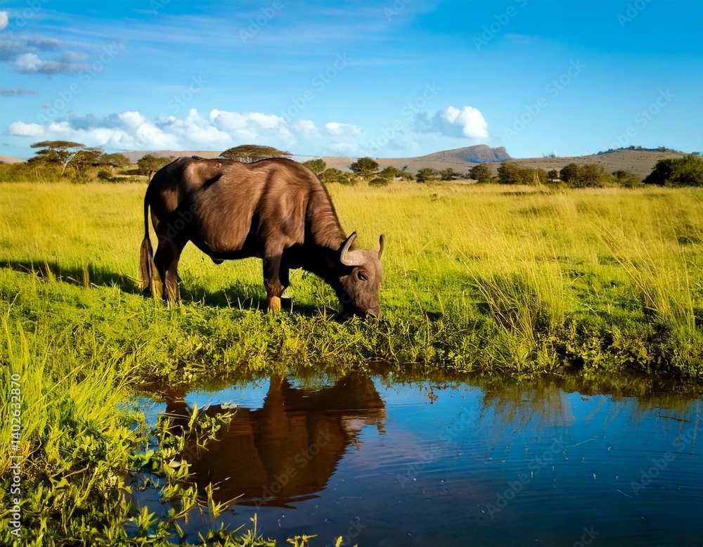 Fototapeta premium Un majestuoso Búfalo se arrodilla junto a una fuente de agua cristalina en la sabana. Bebe lentamente, con la mirada fija en el agua cristalina,