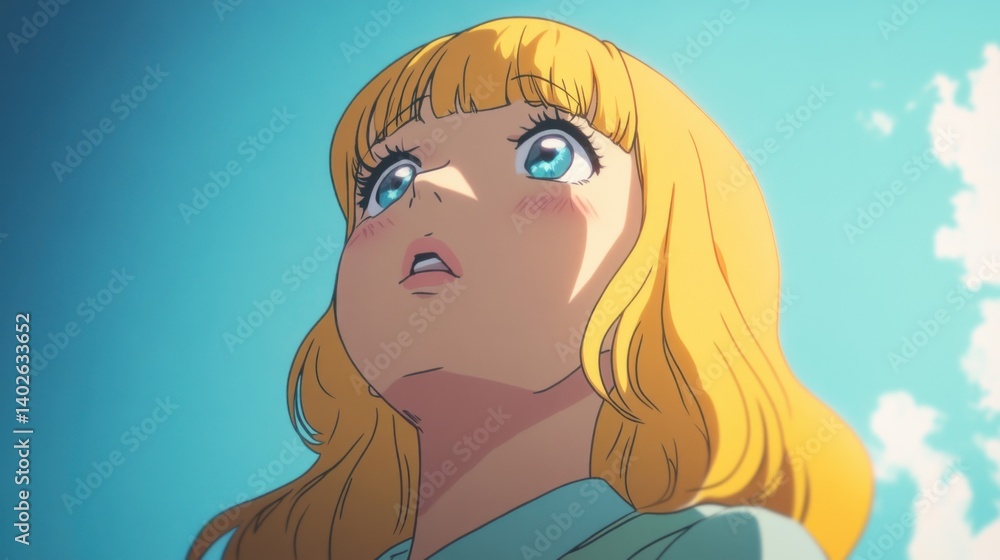 Young girl with blonde hair gazes upwards against a bright blue sky filled with clouds Young girl with blonde hair gazes upwards against a bright blue sky filled with clouds