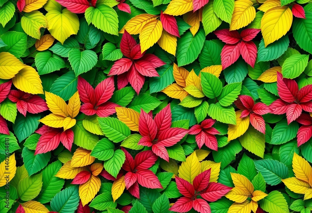 Vibrant green background with diverse leaves in seamless repeat, texture, pattern Vibrant green background with diverse leaves in seamless repeat, texture, pattern