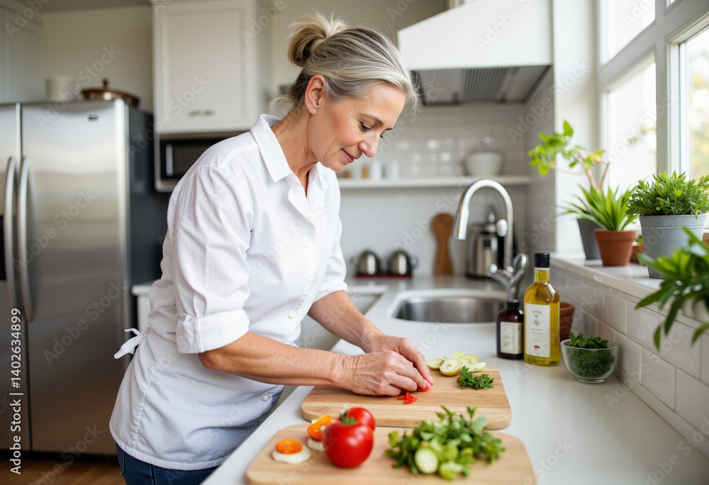 Elderly female chef preparing fresh ingredients in modern kitchen, culinary art Elderly female chef preparing fresh ingredients in modern kitchen, culinary art