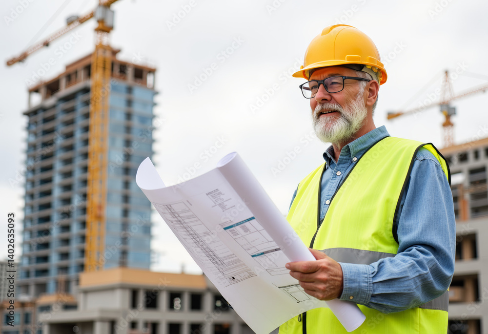 Elderly engineer reviewing blueprint at construction site, project oversight Elderly engineer reviewing blueprint at construction site, project oversight