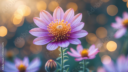 Delicate purple-pink flower with soft golden bokeh, perfect for romantic, floral-themed designs or spring seasonal visuals