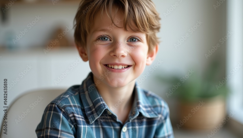 A joyful young boy with tousled hair and sparkling blue eyes beams with happiness in a warm, inviting indoor space. His charming plaid shirt adds a touch of playfulness, perfectly complementing the A joyful young boy with tousled hair and sparkling blue eyes beams with happiness in a warm, inviting indoor space. His charming plaid shirt adds a touch of playfulness, perfectly complementing the