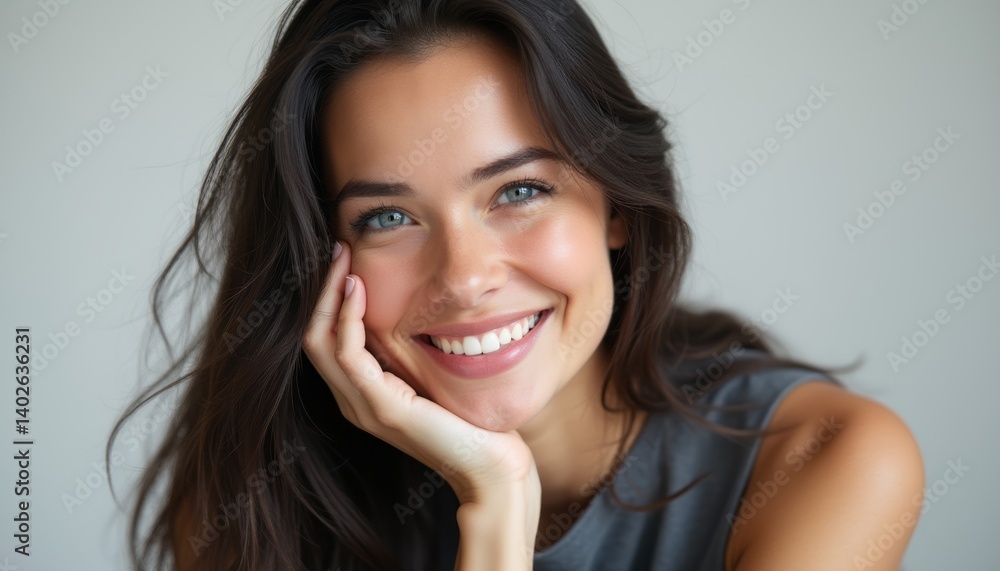 A stunning young woman with long, flowing hair and sparkling blue eyes beams with joy, resting her chin on her hand. Her warm smile radiates positivity and confidence, inviting viewers to share in her A stunning young woman with long, flowing hair and sparkling blue eyes beams with joy, resting her chin on her hand. Her warm smile radiates positivity and confidence, inviting viewers to share in her
