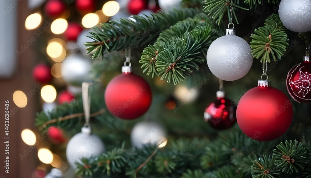 Fototapeta premium Red and Silver Christmas Ornaments on a Decorated Christmas Tree