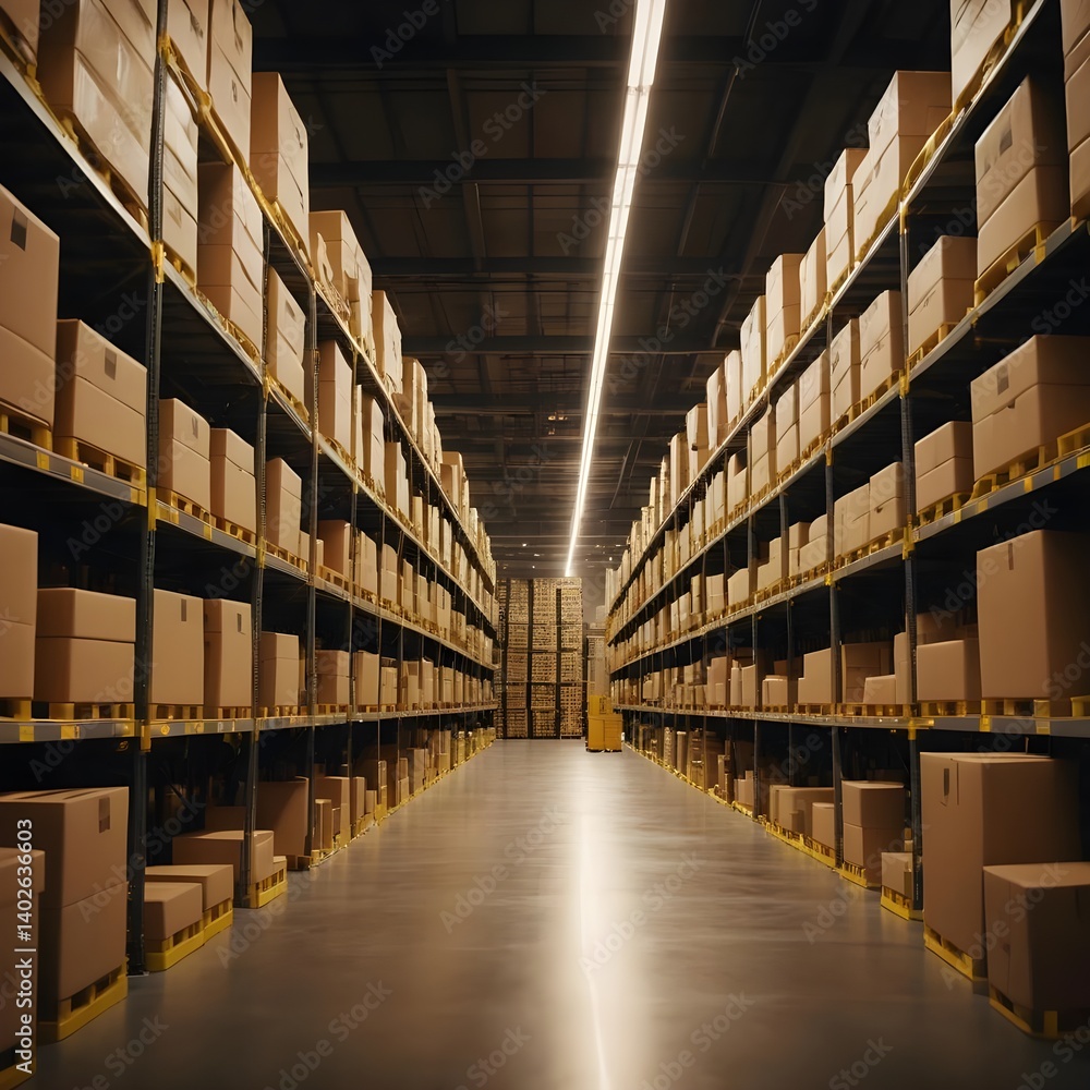 Fototapeta premium Rows of Cardboard Boxes in a Warehouse