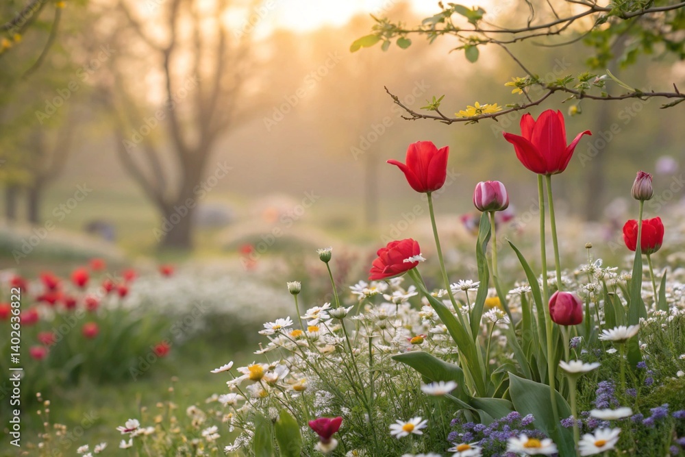 Obraz premium Beautiful field of red poppies blooming in the spring sun